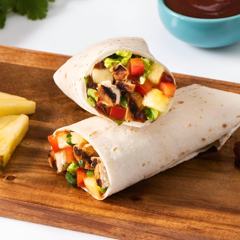 Two Hawaiian chicken wraps with pineapple, bell peppers, and lettuce on a wooden board.
