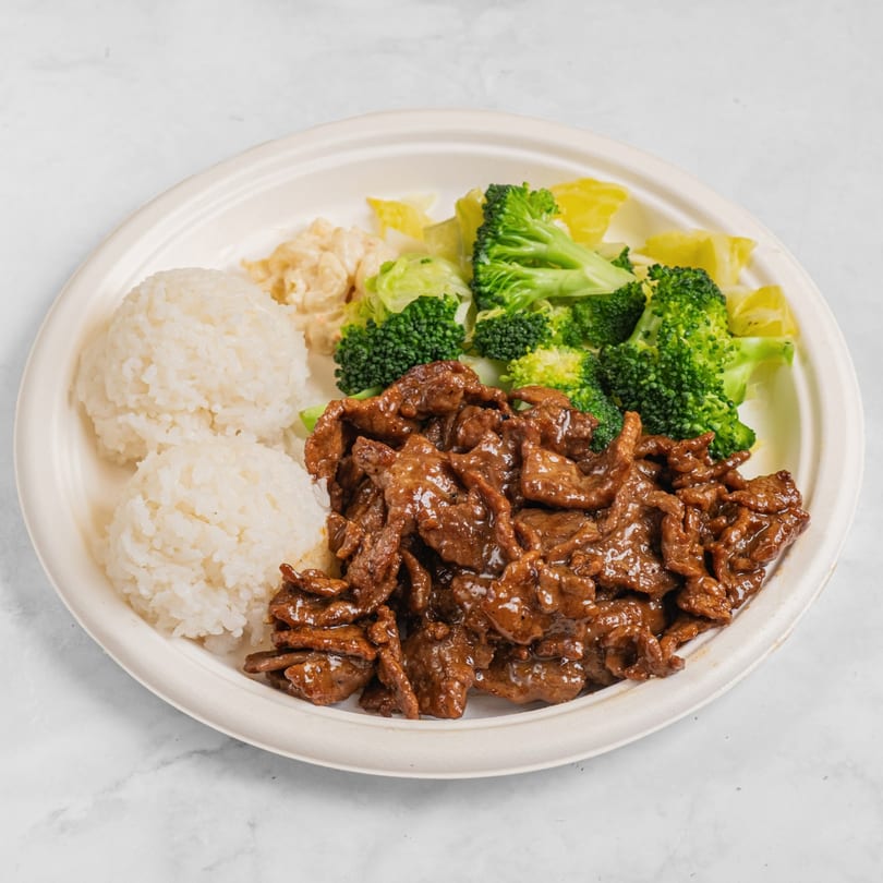 Hawaiian beef teriyaki plate with white rice, macaroni salad, and steamed broccoli.