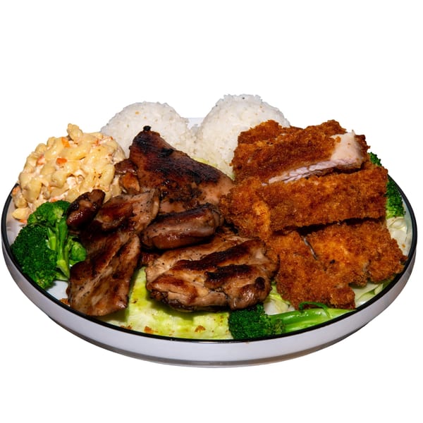 A large plate of grilled chicken, crispy fried chicken, rice, macaroni salad, and broccoli.