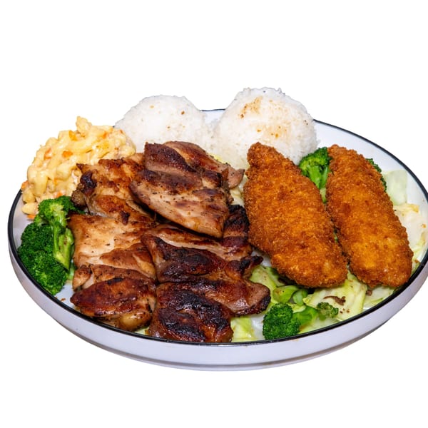 A plate with grilled chicken, fried fish, macaroni salad, white rice, and broccoli.