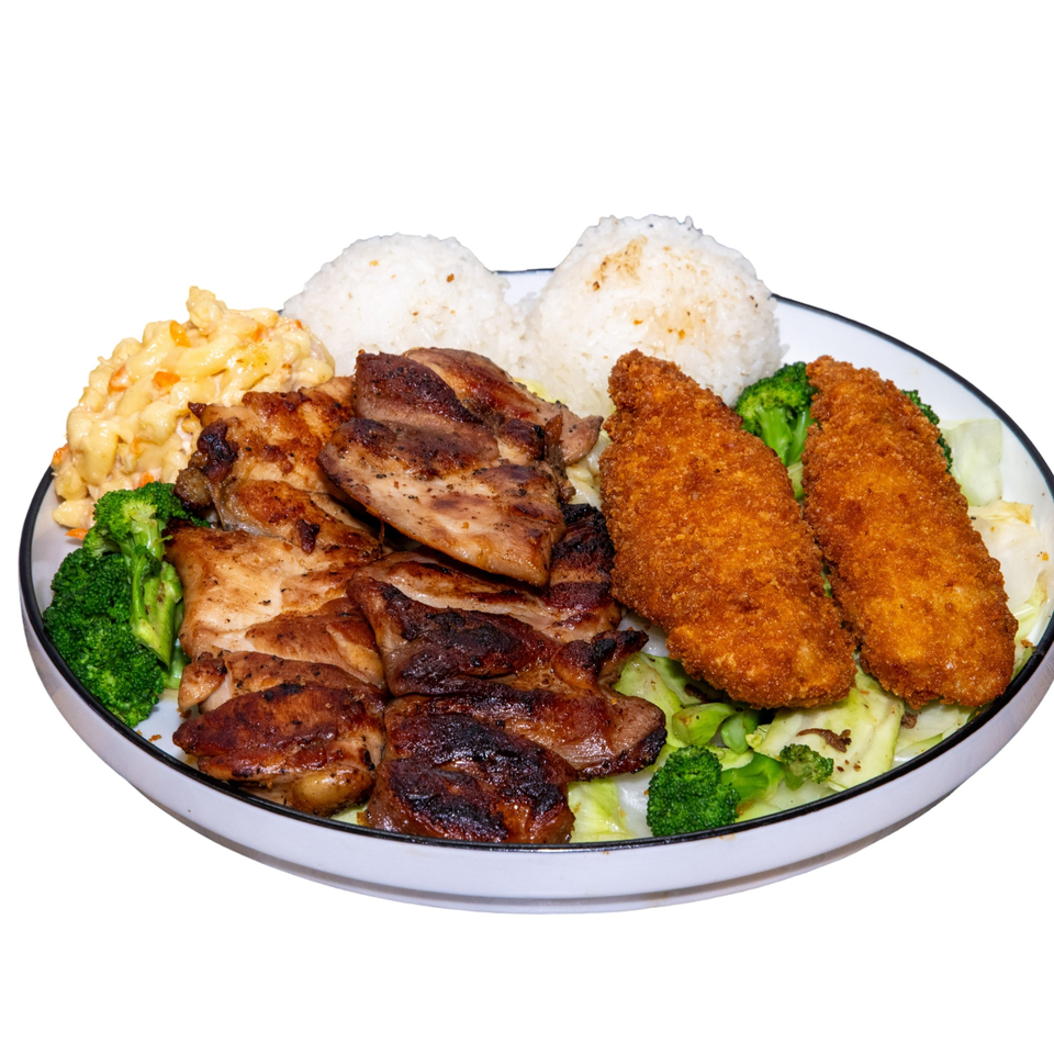 A plate with grilled chicken, fried fish, macaroni salad, white rice, and broccoli.