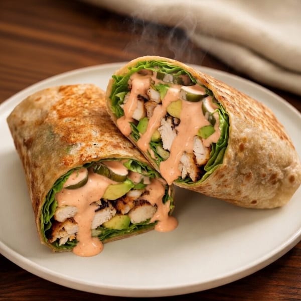 Two halves of a grilled chicken wrap with lettuce, avocado, and creamy sauce on a white plate.