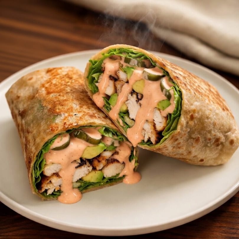 Two halves of a grilled chicken wrap with lettuce, avocado, and creamy sauce on a white plate.