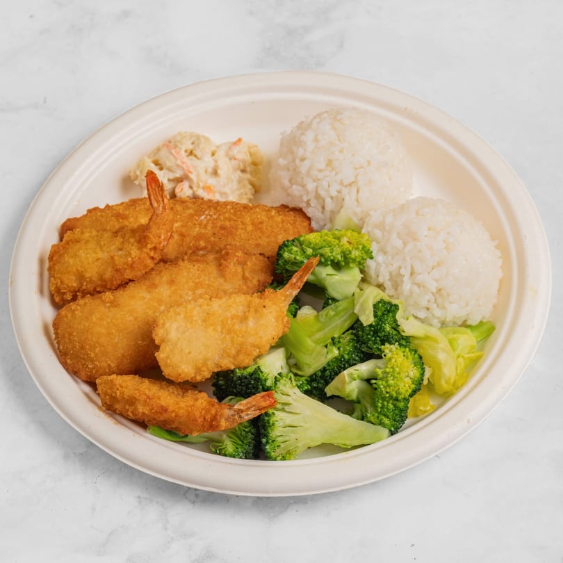 A Hawaiian plate with crispy fried shrimp, white rice, steamed broccoli, and macaroni salad.