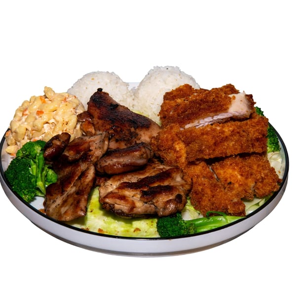 Plate with grilled chicken, crispy fried chicken, white rice, macaroni salad, and broccoli.