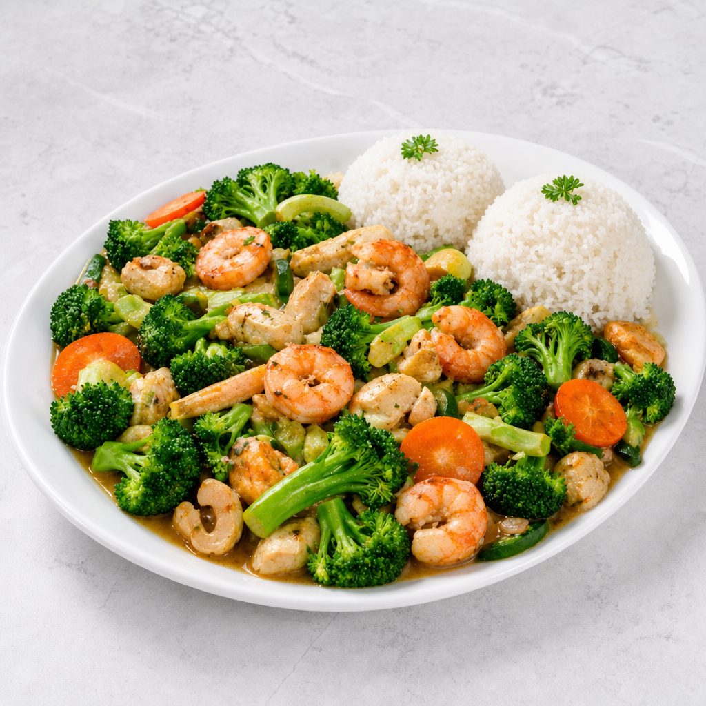 2.Garlic Sautéed Shrimps With Mixed Vegetables (Lunch & Dinner).